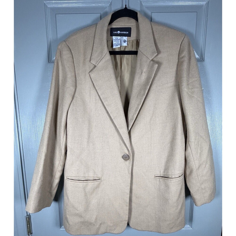 sag harbor Woman Blazer 100% Wool One Front Button Taupe Long Sleeve Pockets